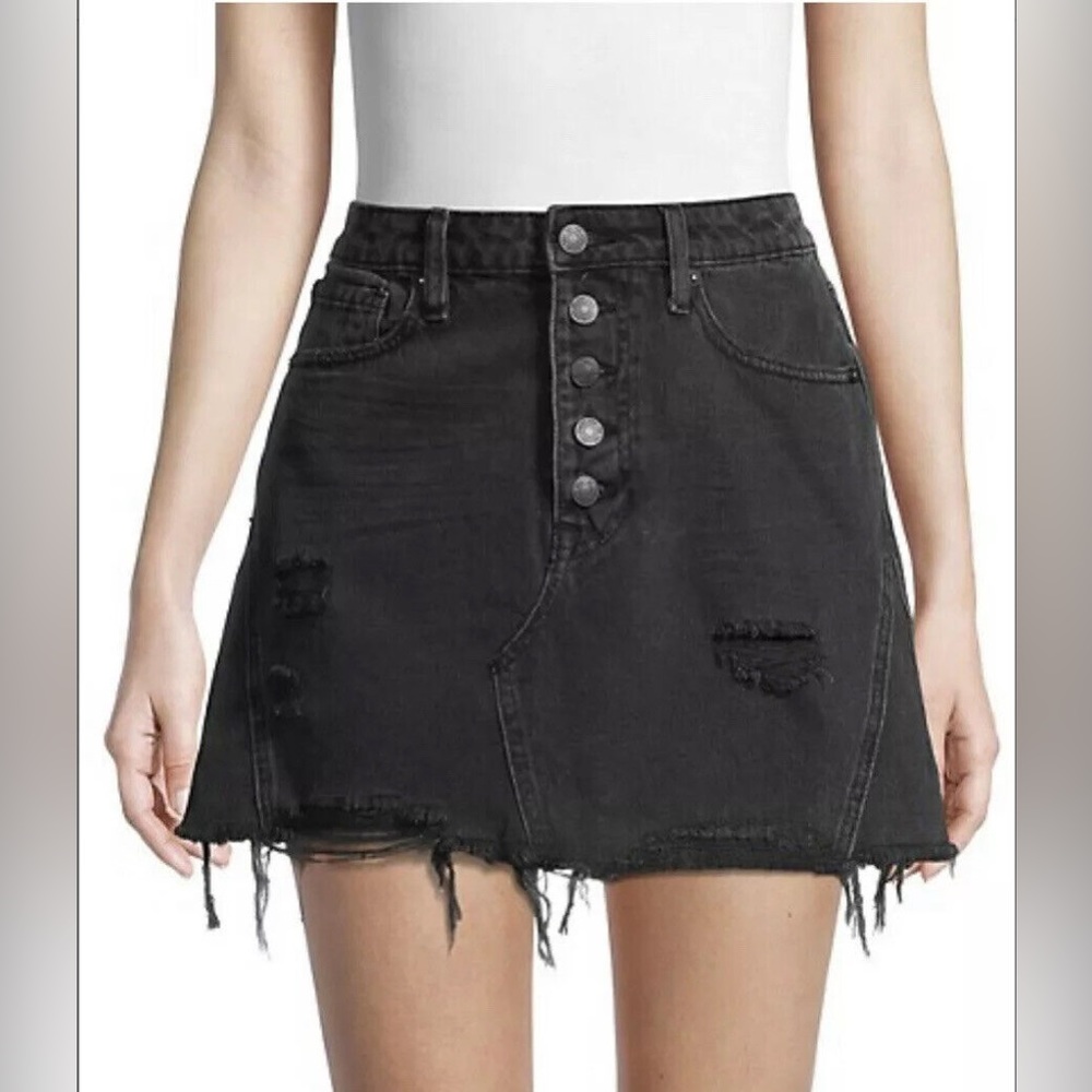 Free People We The Free Distressed Black Denim Mini A-Line Skirt